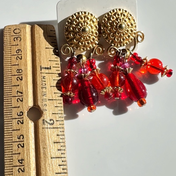 Fun, long, dangle, red glass earrings with gold tone post - Picture 2 of 4